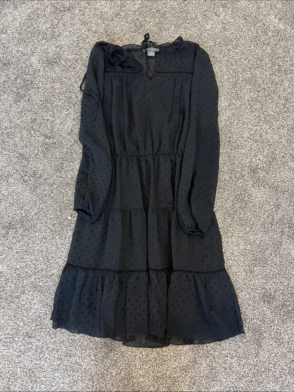 Suzy Shier Black Swiss Dot Tiered Midi Dress